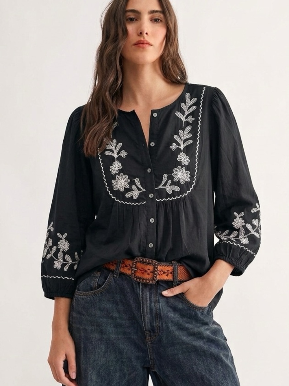 Embroidered Button-Front Blouse in Black Boho Festival Cottagecore NWT